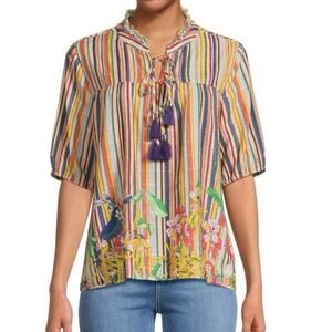 NWT JOHNNY WAS Aldrich Stripe Pleated Cotton-Blend Blouse Sz Small